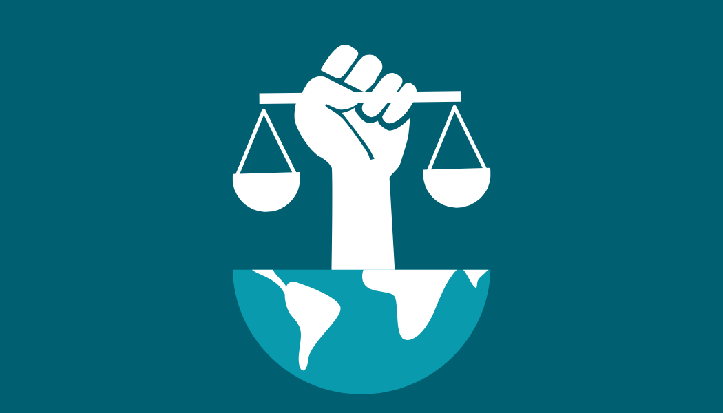 Illustration of a raised fist holding scales of justice above the globe