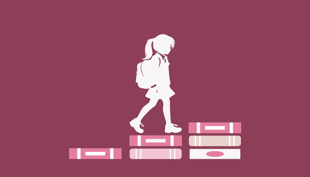 Illustration of a girl climbing a stack of books